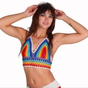 Rainbow Crochet Halter Vintage Women Bikini Top